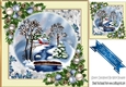 Lovely snow scene with cottage, stream and blue baubles 8x8 (two)