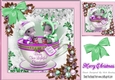 Cute mice in a teacup in festive pink frame with green bow & baubles 8x8