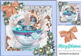 Cute mice in a teacup in festive frame with peach bow & baubles 8x8