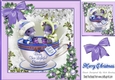Cute mice in a teacup in festive frame with purple bow & baubles 8x8