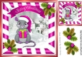 Cute christmas mouse in festive pink stripe frame with holly 8x8