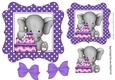 Cute elephant with birthday cake and purple bows 7x7