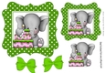 Cute elephant with birthday cake and green bows 7x7