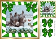 Cute Donkeys with robin in snow scene with green bows 8x8