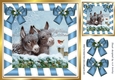 Cute Donkeys with robin in snow scene with blue bows 8x8
