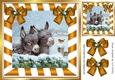 Cute Donkeys with robin in snow scene with gold bows 8x8