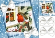 Cute robin with window on a branch and white bows with blue stars 8x8