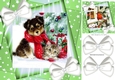 Cute puppy and kitten with white bows and green stars 8x8