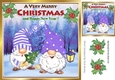 Cute gnomes in purple in snow scene with holly 8x8