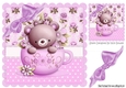 Floral teacup with teddy bear and purple bow  8x8