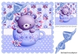 Floral teacup with teddy bear and blue bow  8x8