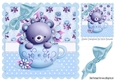 Floral teacup with teddy bear and turq bow  8x8