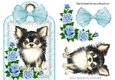 Cute Chichuhua with blue roses and bow on a lace tag/topper