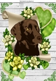 Lovely chocolate labrador on a scroll with green roses A4