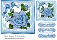 Large blue rose with pearls, bow and butterflies 7x7