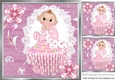 sweet baby girl sitting on a cupcake denim and flowers 8x8
