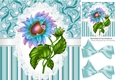 Pretty turq stripe/floral and lace card front with rainbow sunflower 8x8