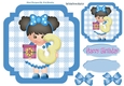 Birthday girl with present and blue bow and gingham (AGE 3) 7x7