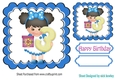 Birthday girl with present and blue bow blue wavy (AGE 3) 7x7