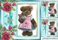 Turq with lace border and bow with teddy bear and roses 8x8 card front