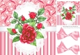 Pretty red stripe/floral and lace card front with pretty roses 8x8