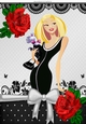 Pretty Artwork lady with puppy in black with red roses A4