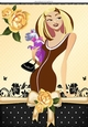 Pretty Artwork lady with puppy in brown dress/ roses A4