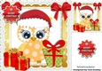 Cute owl in santa hat with red/gold bows and presents 8x8