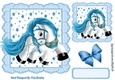 Cute little pony in blue star frame with bow 7x7