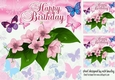Pretty birthday card front with pink flowers/butterflies 8x8