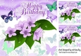 Pretty birthday card front with purple flowers/butterflies 8x8