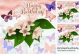 Pretty birthday card front with peach flowers/butterflies 8x8