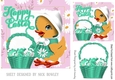 cute little easter duckling with turq basket of eggs 7x7 topper