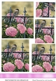 sweet little bird on a rail with pink roses border and pyramids