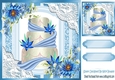 Pretty lace corners blue ornate card front 8x8 with a cake and flowers