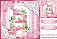Pretty lace corners pink ornate card front 8x8 with cake and bows