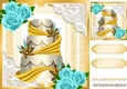 Pretty lace corners gold ornate card front 8x8 with a cake and roses
