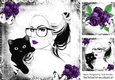 Lady with black cat purple rose modern/gothic 8x8