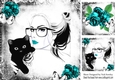 Lady with black cat turq rose modern/gothic 8x8