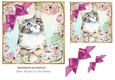 Pink floral 7x7 Card Front, with cute kitten and corner bow