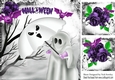 Happy Halloween! Ghost with bats purple roses 8x8