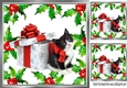Lovely Holly and red berry card front with kitten & present