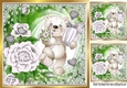 Pretty white roses silver hearts and cute litle bear 8x8