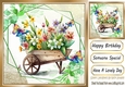 Pretty flowers in a wheel barrow and butterflies 8x8 (two)