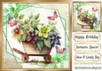 Pretty flowers in a wheel barrow and butterflies 8x8 (four)