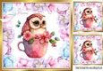 Lovely Owl in a Teacup Lilac/Pink Flowers & leaves 8x8 card front