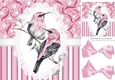 Pretty painted pink/grey birds on lace with pink bows 8x8