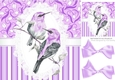 Pretty painted purple/grey birds on lace with bows 8x8