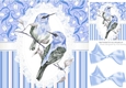 Pretty painted blue/grey birds on lace with bows 8x8