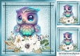 Lovely Little Owl with white flowers in Stitched Denim Turq Card 8X8